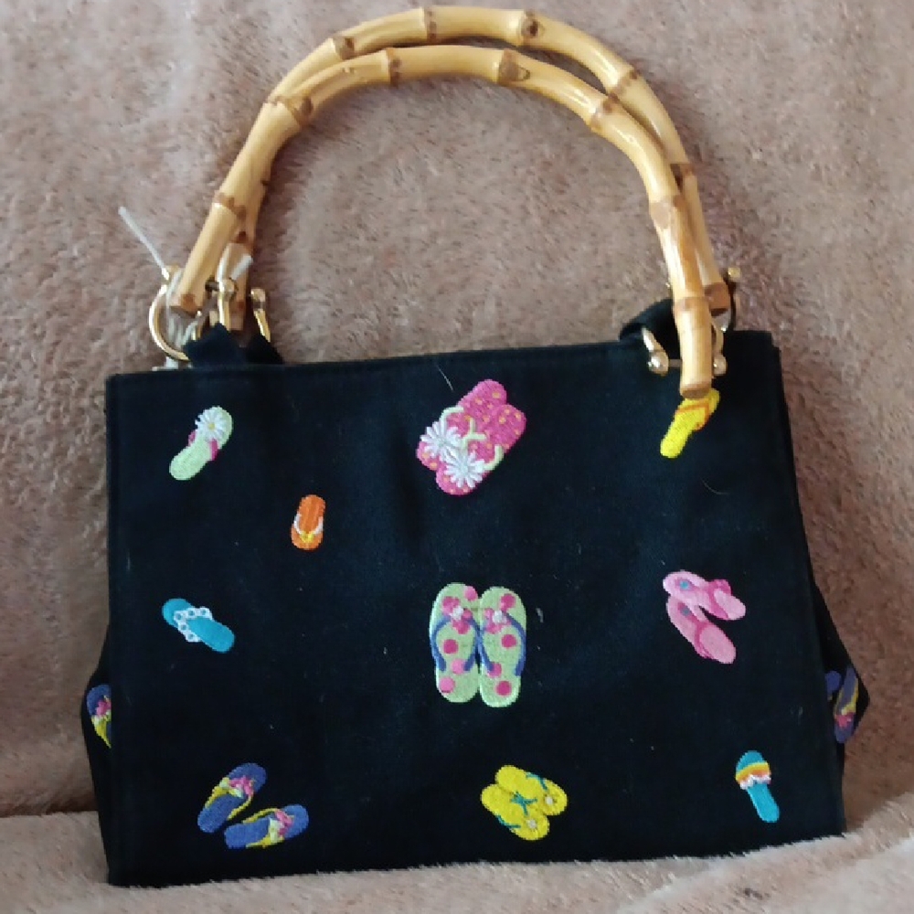 Tiannl Black Tote with Bamboo Handles and Vibrant Design